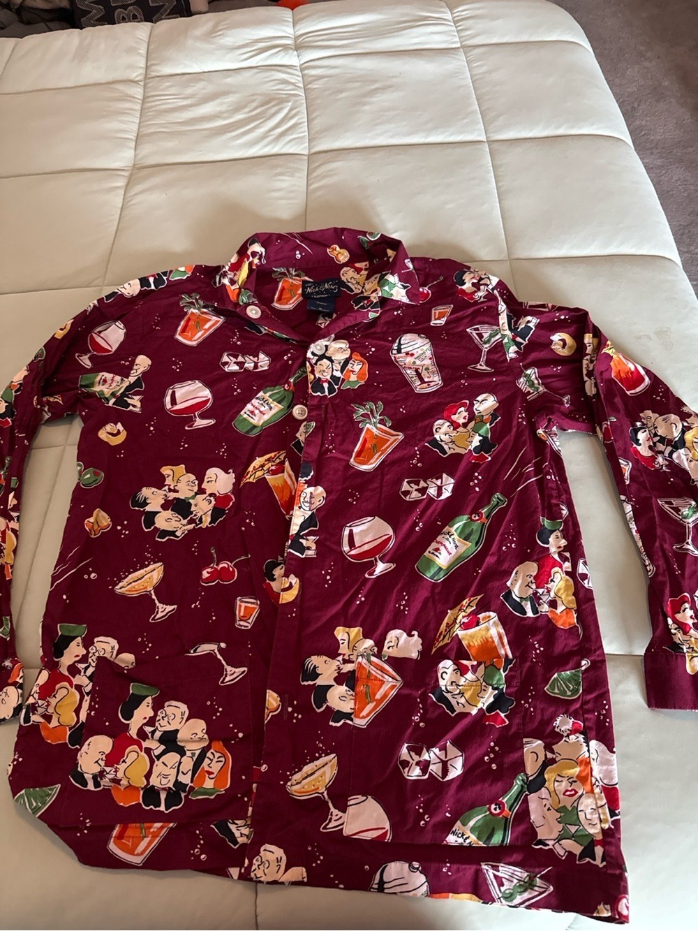 #0207 - Nick & Nora Maroon Sleepwear Top with Multicolor Cartoon Print